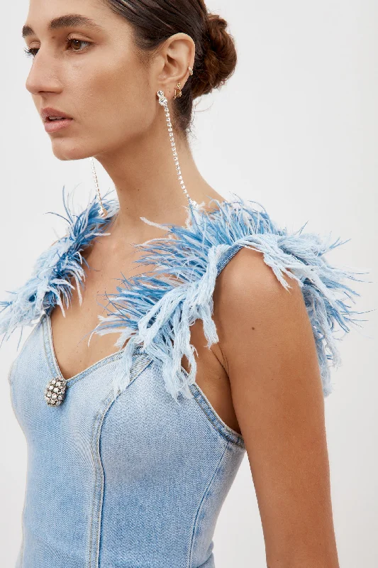 Frayed Light Blue Denim Feather Mini Dress