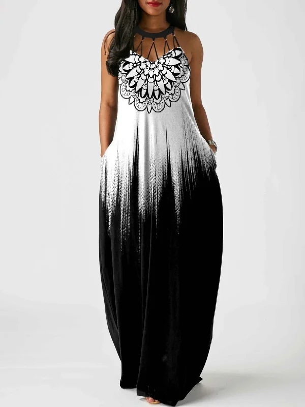 Pierced Tribal Print Sleeveless Maxi Dress