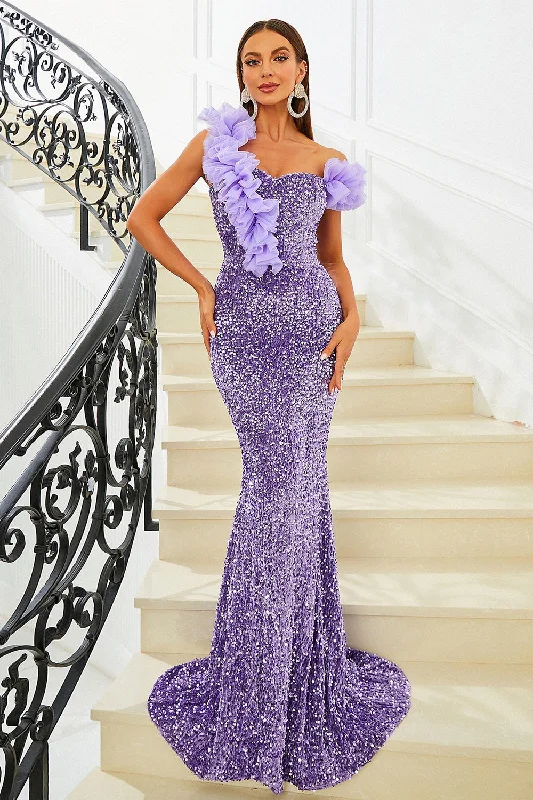 Purple Sequins Mermaid Off the Shoulder Prom Dress