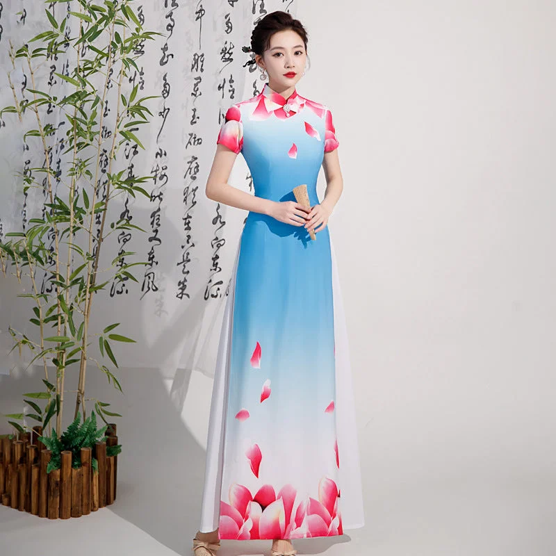 Elegant and Graceful Vietnamese Ao Dai Authentic Modified Summer Long Performance Cheongsam Dress